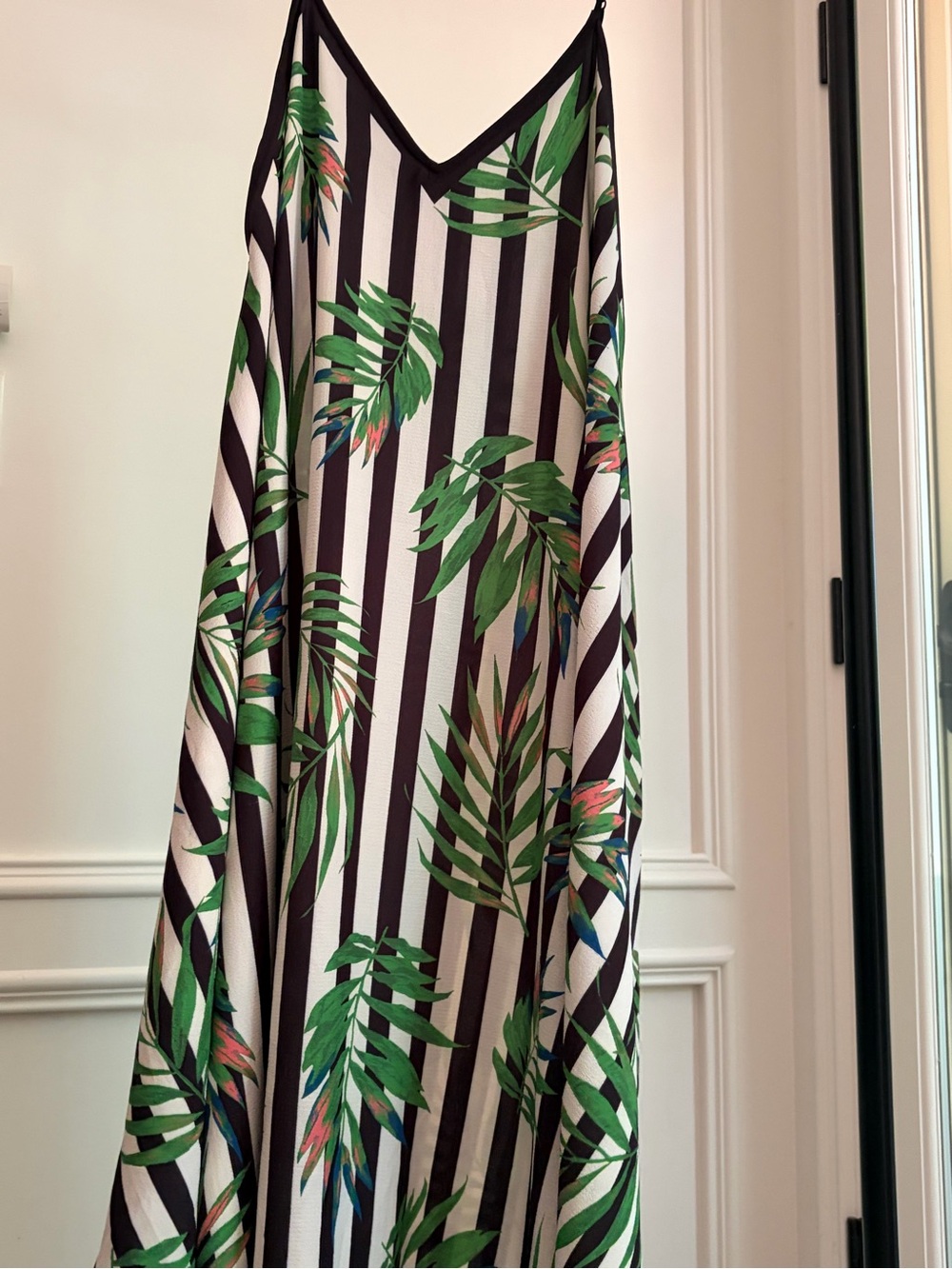 Boutique Tropical Stripe Maxi dress in Black & White with Green Leaf Print